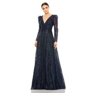 MAC DUGGAL 20353 Embellished V Neck Long Sleeve A-Line Gown Midnight 18 NEW